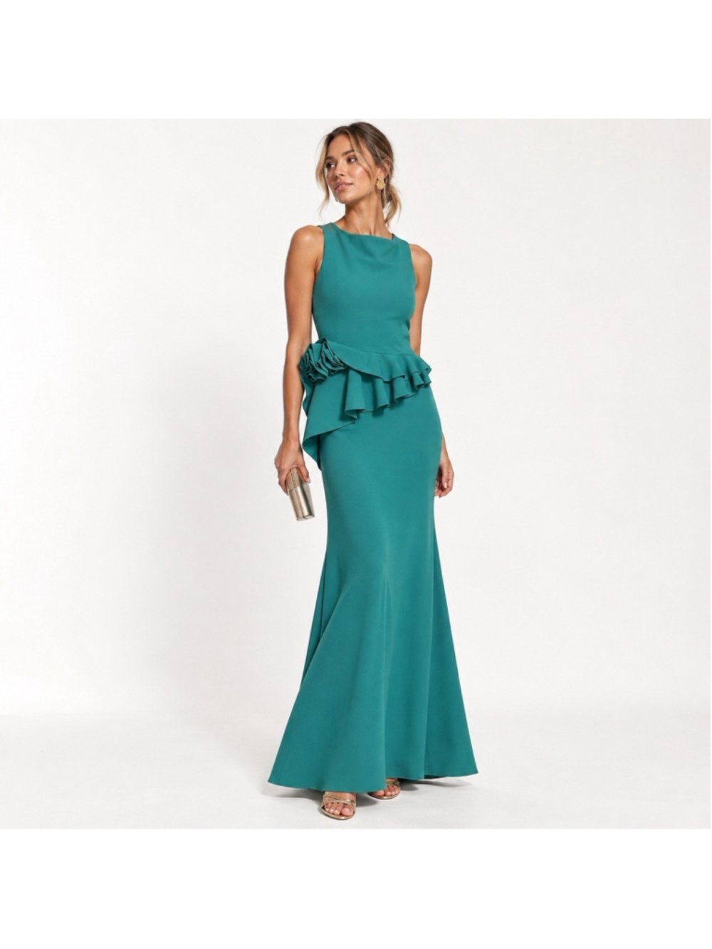 Chiara Boni Couture Peacock Teal Ruffle Rosette Luxe Evening Gown Italy 44/8